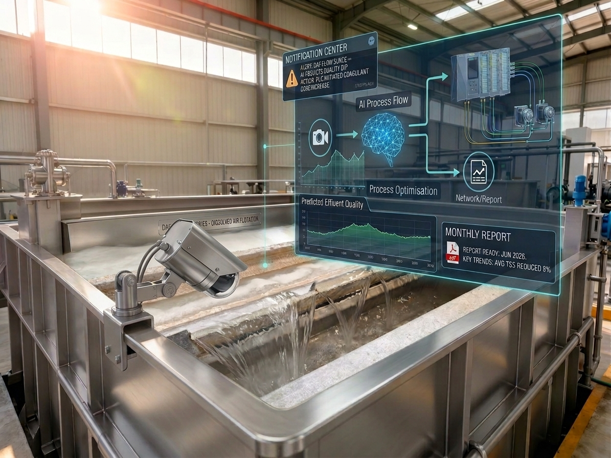 Green Pipe — AI-monitored DAF wastewater tank with live analytics overlay